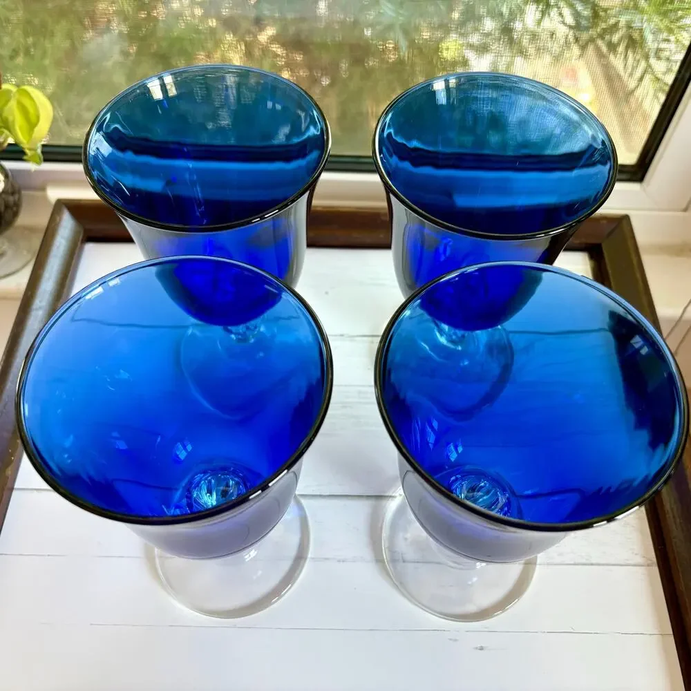 Vintage Cristal D’Arques Cobalt Blue Goblets Set of 4 Wine Glasses